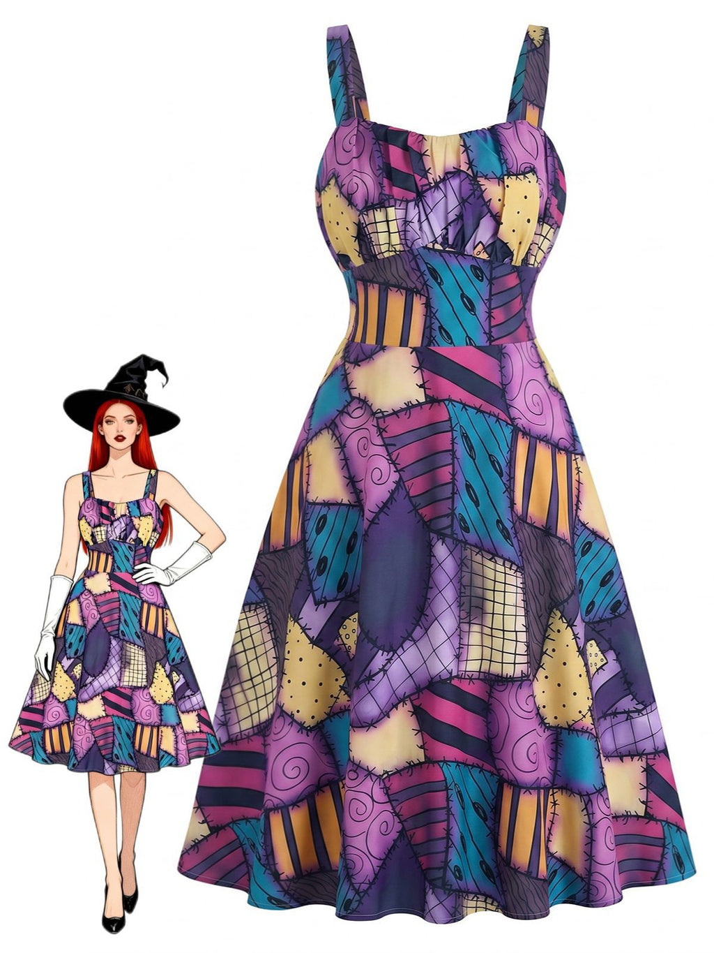 Purple 1950s Patchwork Gothic Halloween A-Line Dress
