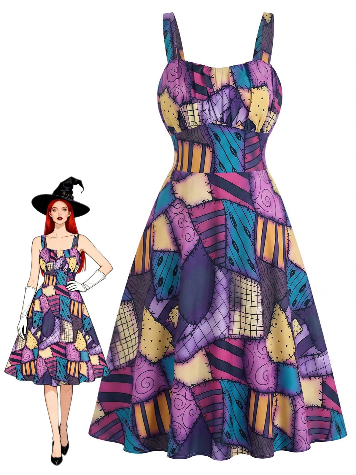 Purple 1950s Patchwork Gothic Halloween A-Line Dress