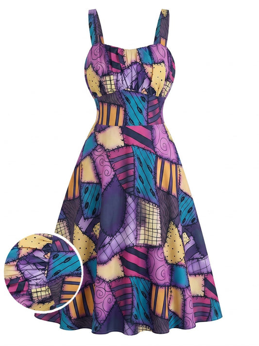 Purple 1950s Patchwork Gothic Halloween A-Line Dress