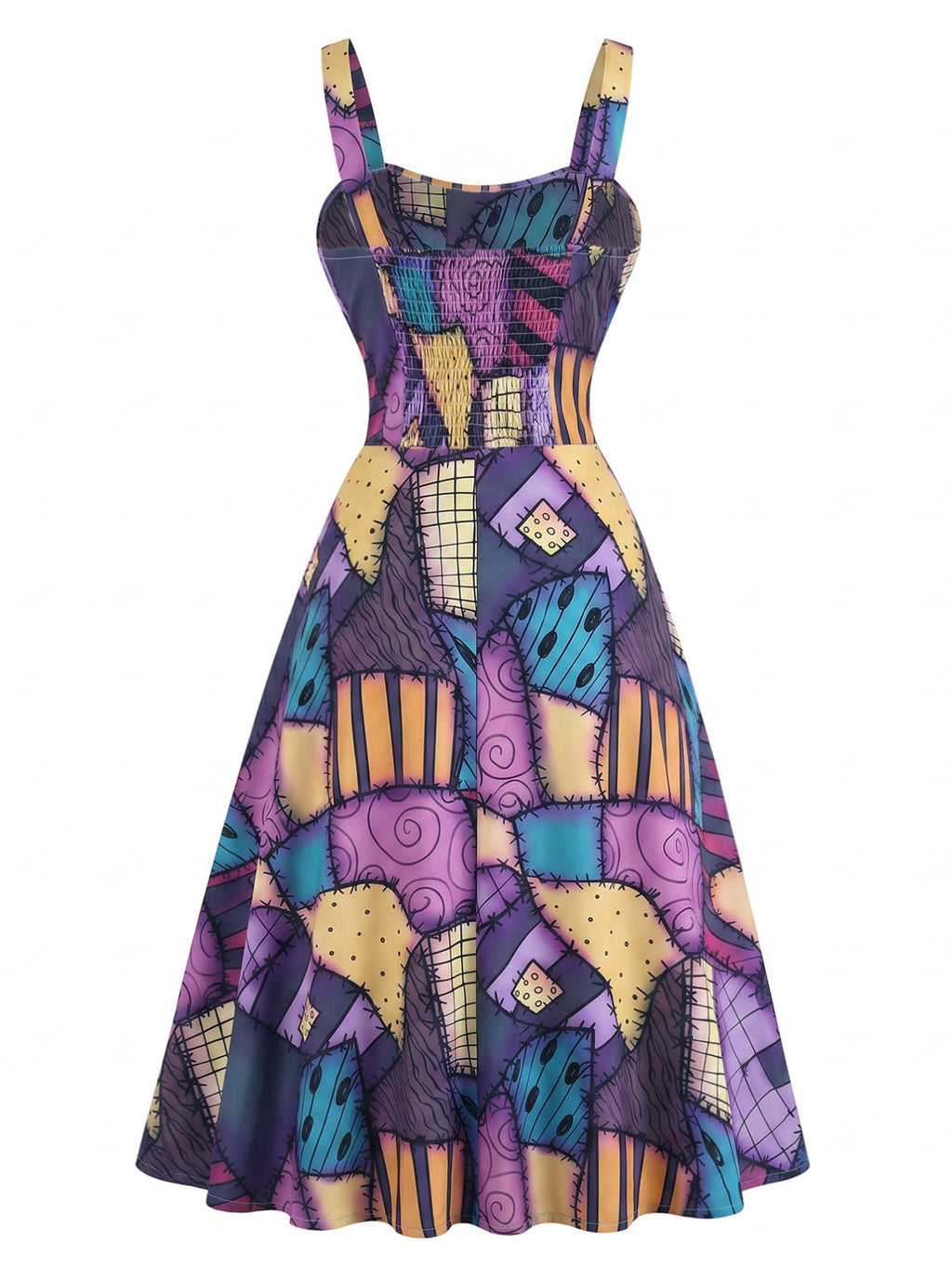 Purple 1950s Patchwork Gothic Halloween A-Line Dress
