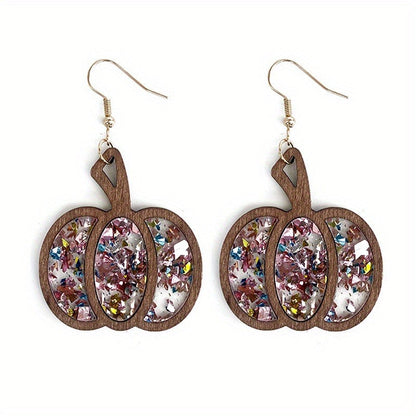 Halloween Wooden Glitter Pumpkin Earrings