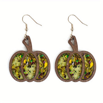 Halloween Wooden Glitter Pumpkin Earrings