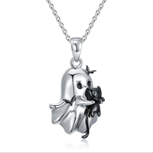 Cute Ghost Black Cat Pendant Necklace