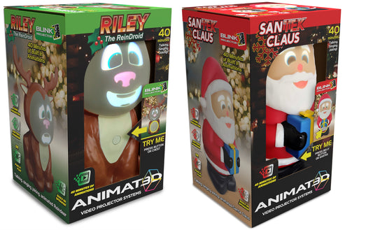 Set of 2 SanTek Claus and Riley The ReinDroid with Built in Projector & Speaker Seasonal Holiday Home Decor