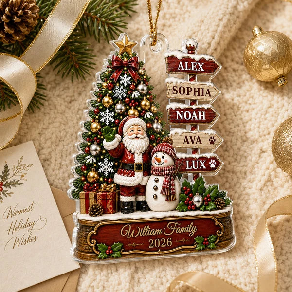 Personalized Acrylic Ornament with Santa, Snowman & Family Signpost, Unique Christmas Gift for Family