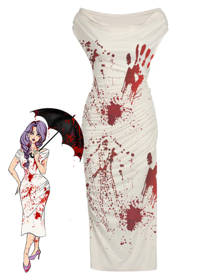 [Pre-Sale] White 1960s Halloween Blood Pencil Dress