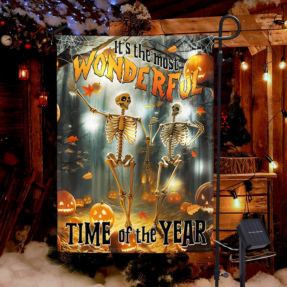 Skull Skeleton Fall Halloween Pumpkin It's The Most Wonderful Time Of The Year, Halloween Solar Led Garden Flag