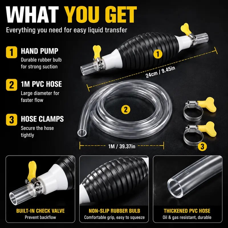 ⛽Manual Siphon Pump Kit with 1M Hose. Rubber Pump Bulb & 2 Hose Clamps. Liquid Transfer Pump for Fuel Water Oil. Car Boat Motorcycle