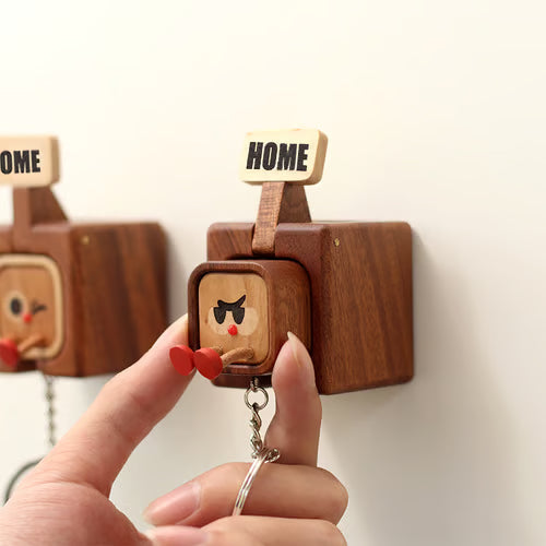 Wooden Key Holder with Funny Face Expression – HOME/OUT Toggle, Wall-Mounted, 3 Styles