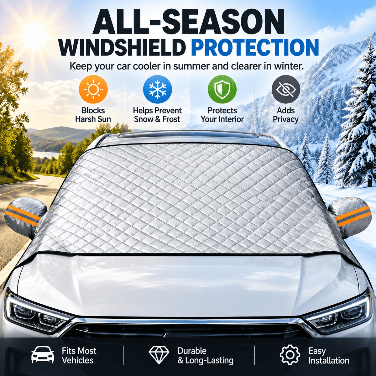 Magnetic Windshield Cover – All-Season Sun. Snow & Frost Protector for Cars. SUVs & Trucks