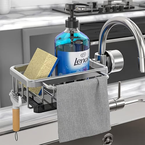 Kitchen Sink Faucet Sponge Holder – Space Aluminum, Rustproof, Fast-Drain, Hook Design
