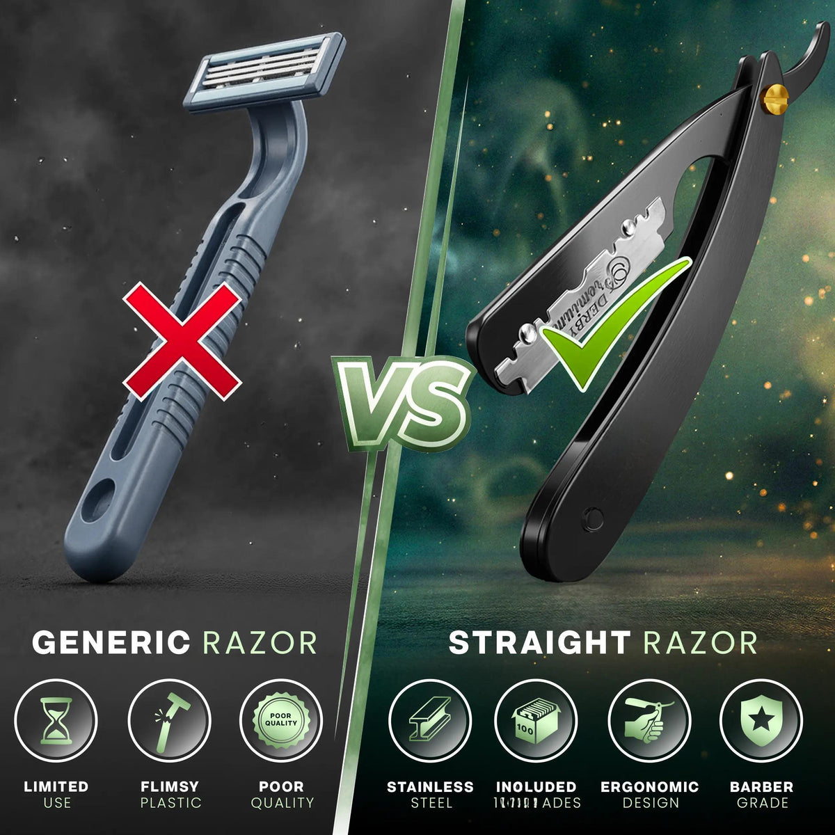 Professional Straight Razor for Men | Barber Straight Edge + 10 Blades Included
