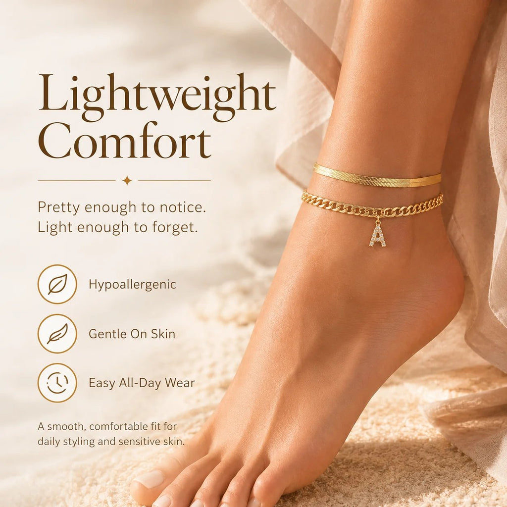 ✨ Gold Initial Anklet – 18K Gold Plated. Waterproof Adjustable Letter Pendant. Stackable Beach Jewelry