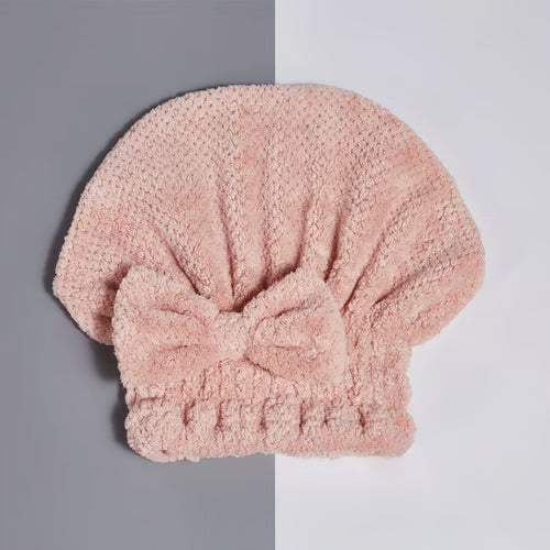 Coral Velvet Bow Bath Cap – Soft & Absorbent Shower Hair Wrap for Women