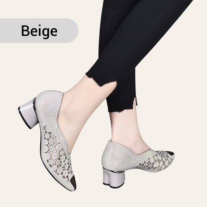 💥HOT SALE 50% OFF✨Hollow mesh sandals with rhinestone and chunky heel
