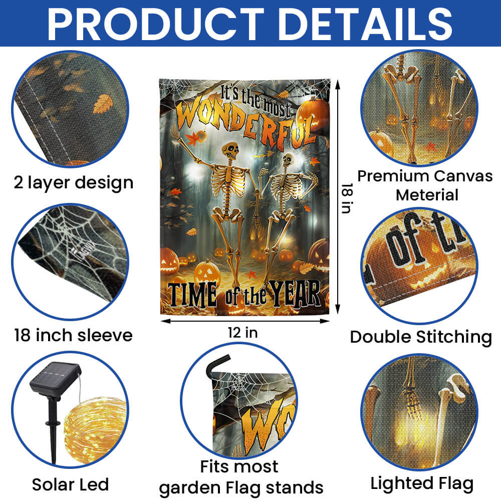 Skull Skeleton Fall Halloween Pumpkin It's The Most Wonderful Time Of The Year, Halloween Solar Led Garden Flag