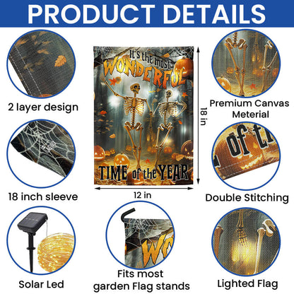 Skull Skeleton Fall Halloween Pumpkin It's The Most Wonderful Time Of The Year, Halloween Solar Led Garden Flag