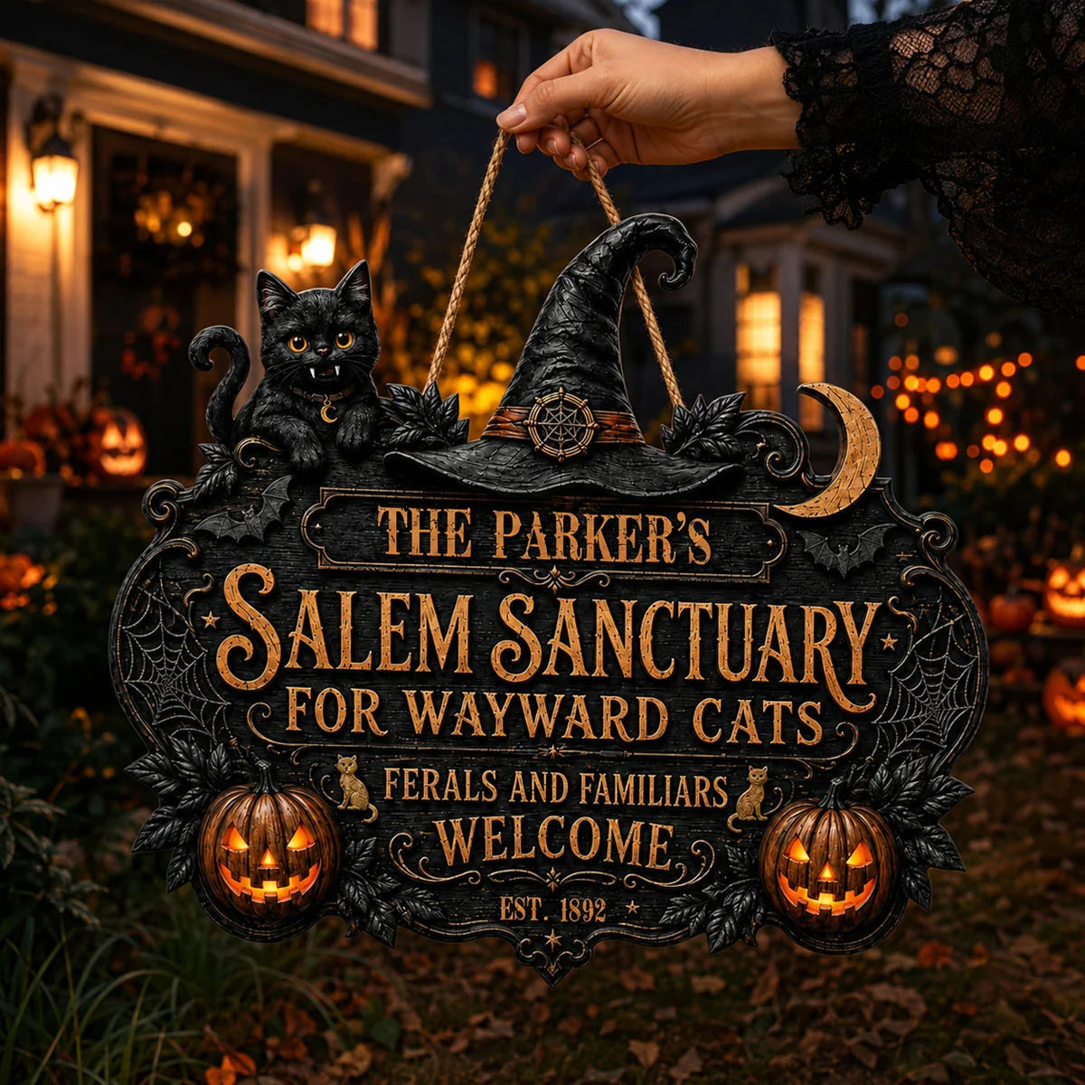 Salem Sanctuary For Wayward Cats Personalized Wood Sign - Custom Halloween Decor Gift for Cat Lovers