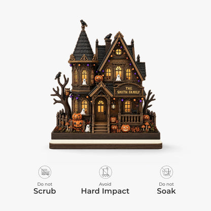 Spooky Halloween Haunted House Wooden Plaque - Personalized Family Name Halloween Decor