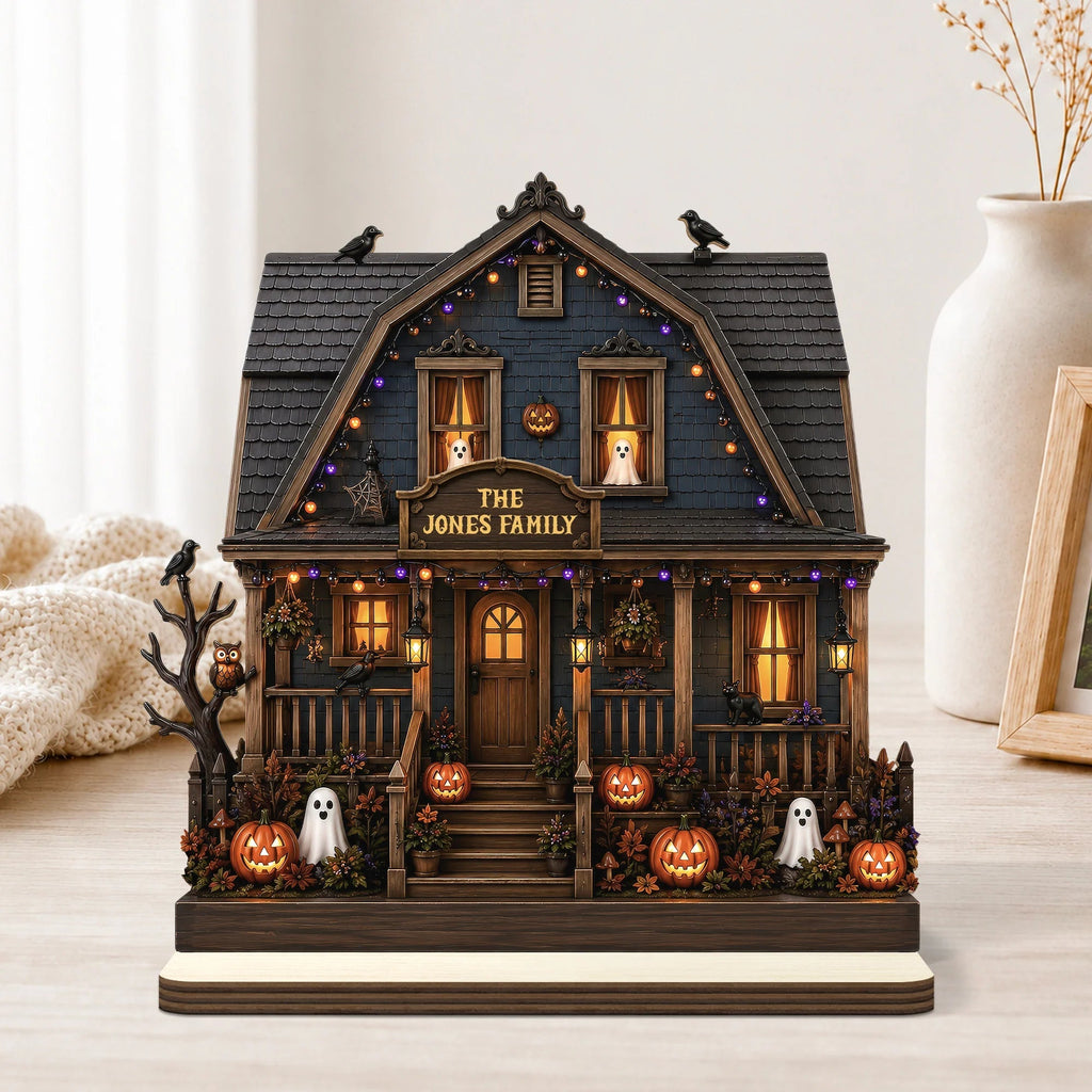 Spooky Halloween Haunted House Wooden Plaque - Personalized Family Name Halloween Decor