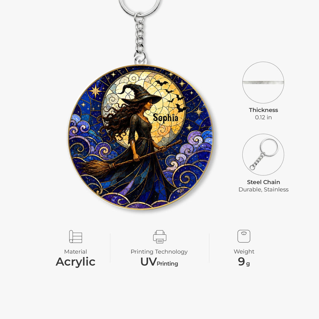 Moonlit Witch Acrylic Keychain - Custom Halloween Name Gift for Women