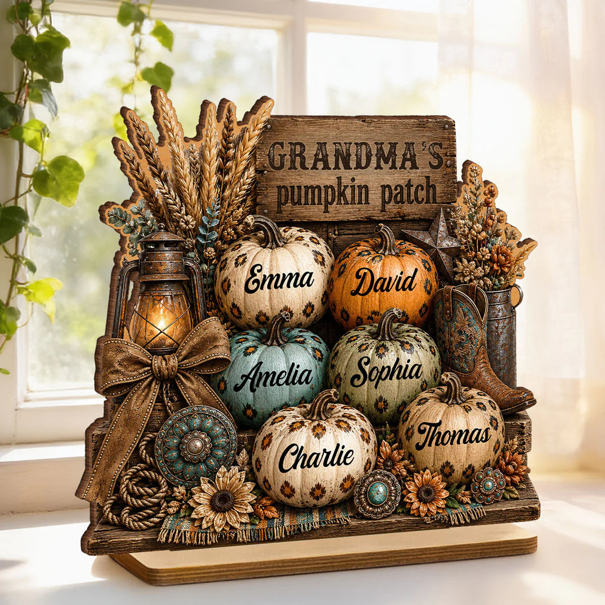 "Grandma's Pumpkin Patch" Custom Wooden Plaque - Personalized Western Leopard Pumpkin Decor Gift for Her