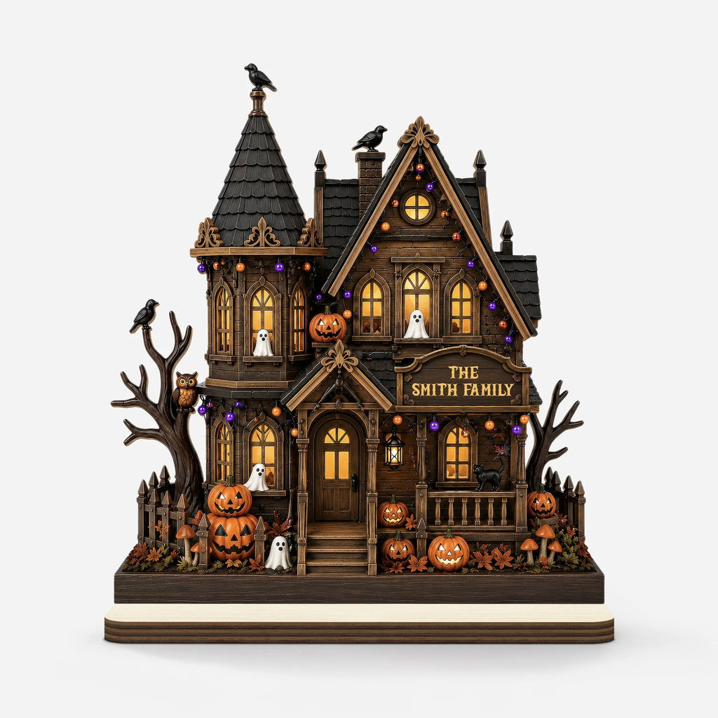 Spooky Halloween Haunted House Wooden Plaque - Personalized Family Name Halloween Decor