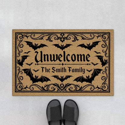 "Unwelcome" Bat Custom Halloween Doormat - Personalized Family Name Spooky Porch Mat