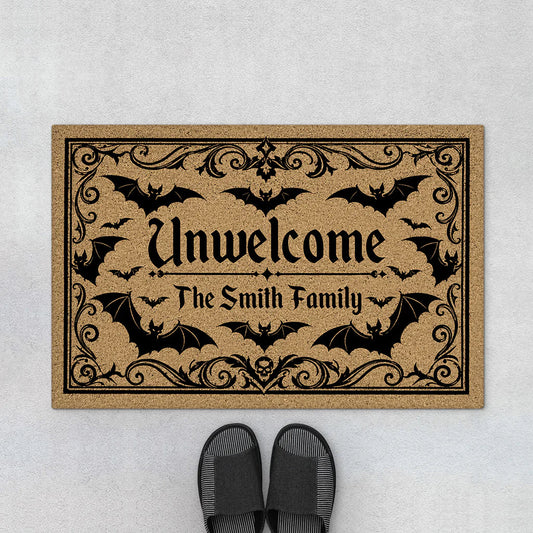 "Unwelcome" Bat Custom Halloween Doormat - Personalized Family Name Spooky Porch Mat