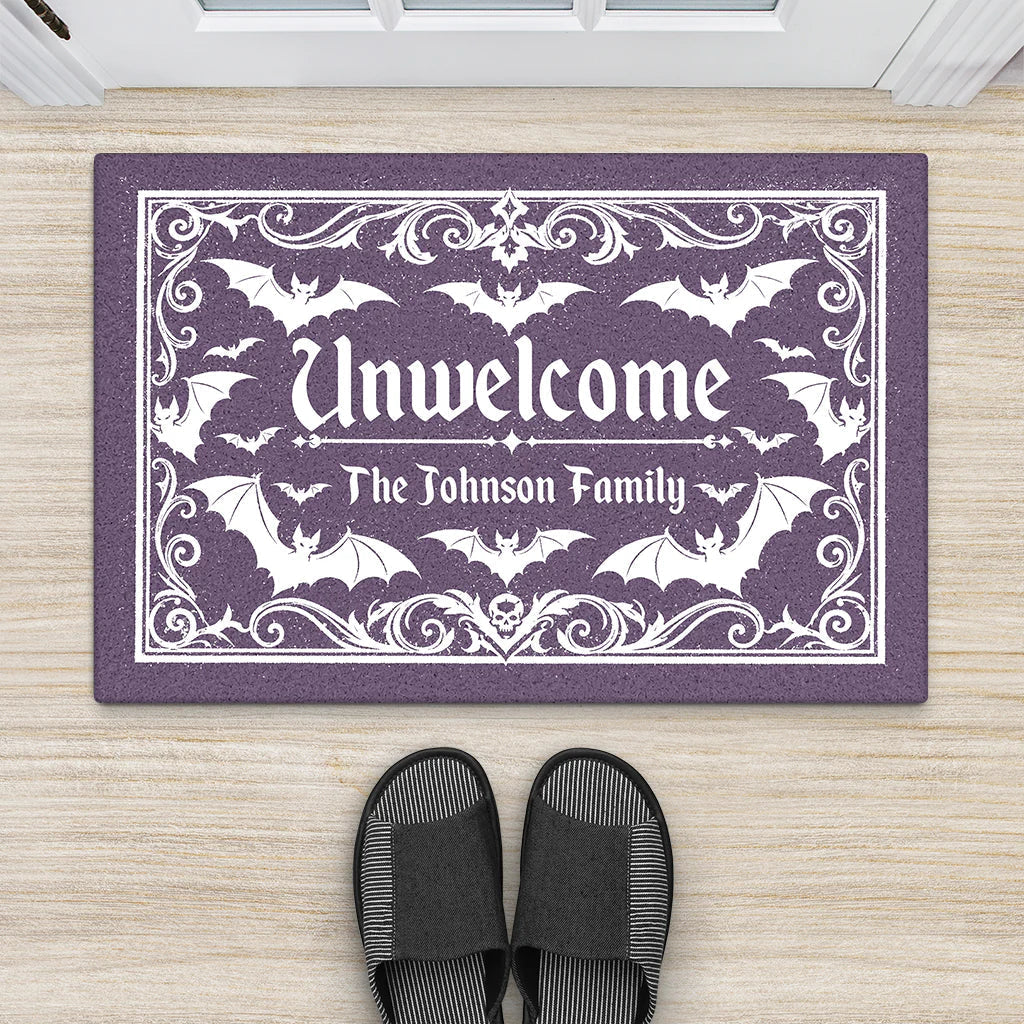 "Unwelcome" Bat Custom Halloween Doormat - Personalized Family Name Spooky Porch Mat