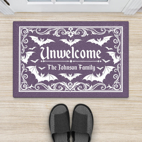 "Unwelcome" Bat Custom Halloween Doormat - Personalized Family Name Spooky Porch Mat
