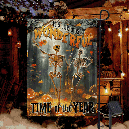 Skull Skeleton Fall Halloween Pumpkin It's The Most Wonderful Time Of The Year, Halloween Solar Led Garden Flag